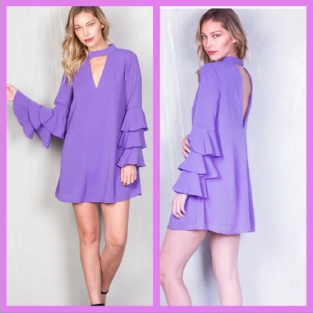 Purple ruffle tiered bell sleeve dress